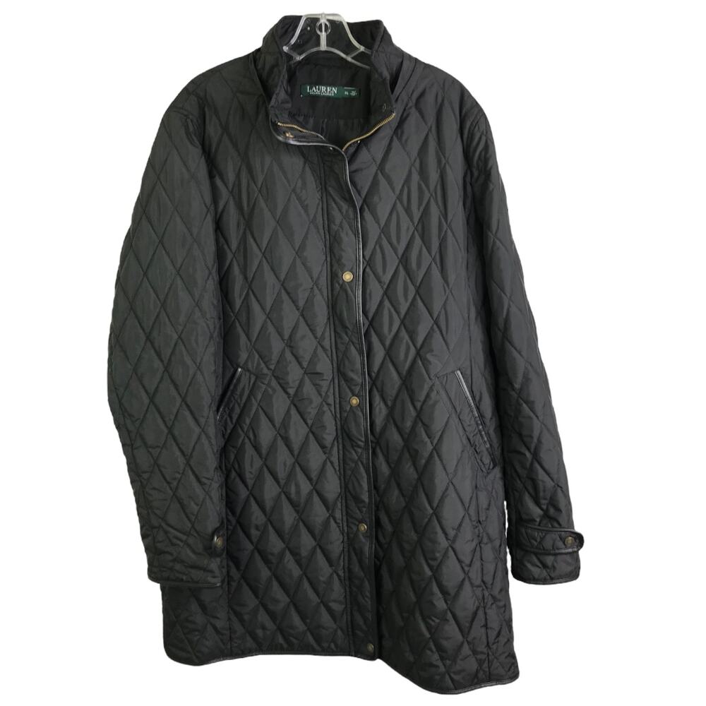 Lauren Ralph Lauren Quilt Jacket Women XL Black Equestrian Hunting Coat Snap Zip